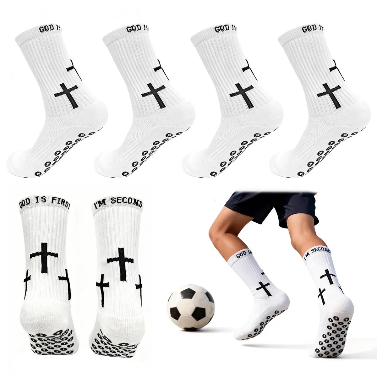 Anti-Slip Cross Pattern Socks for Soccer, Breathable Cotton with Thickened Sole for Men, Women & Youth Multi Sports,  Elastic Breathable Antislip