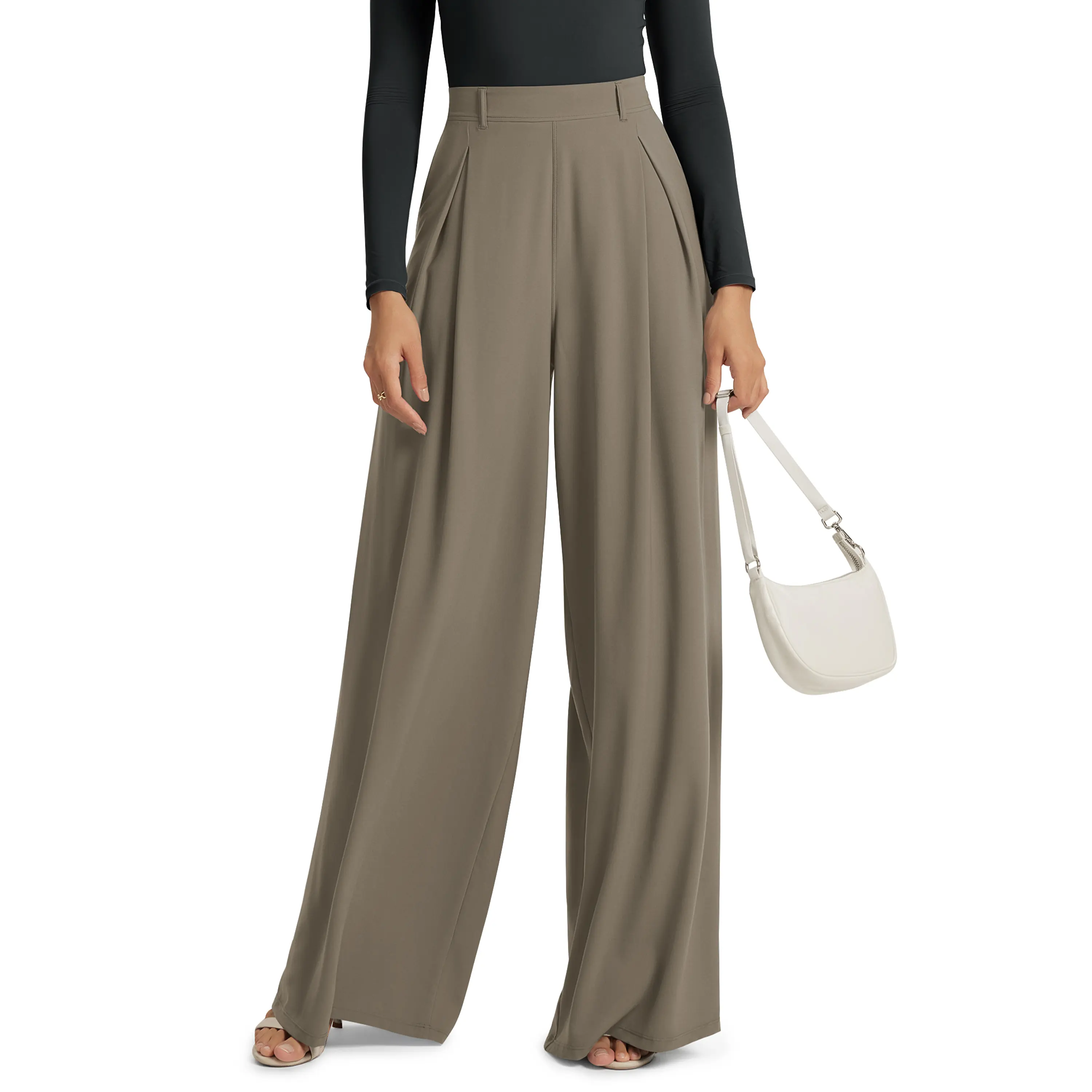 ODODOS Chiffon Flowy Pleated Wide Leg Pants for Women Lightweight High Waist Trouser with Pockets-27" Inseam