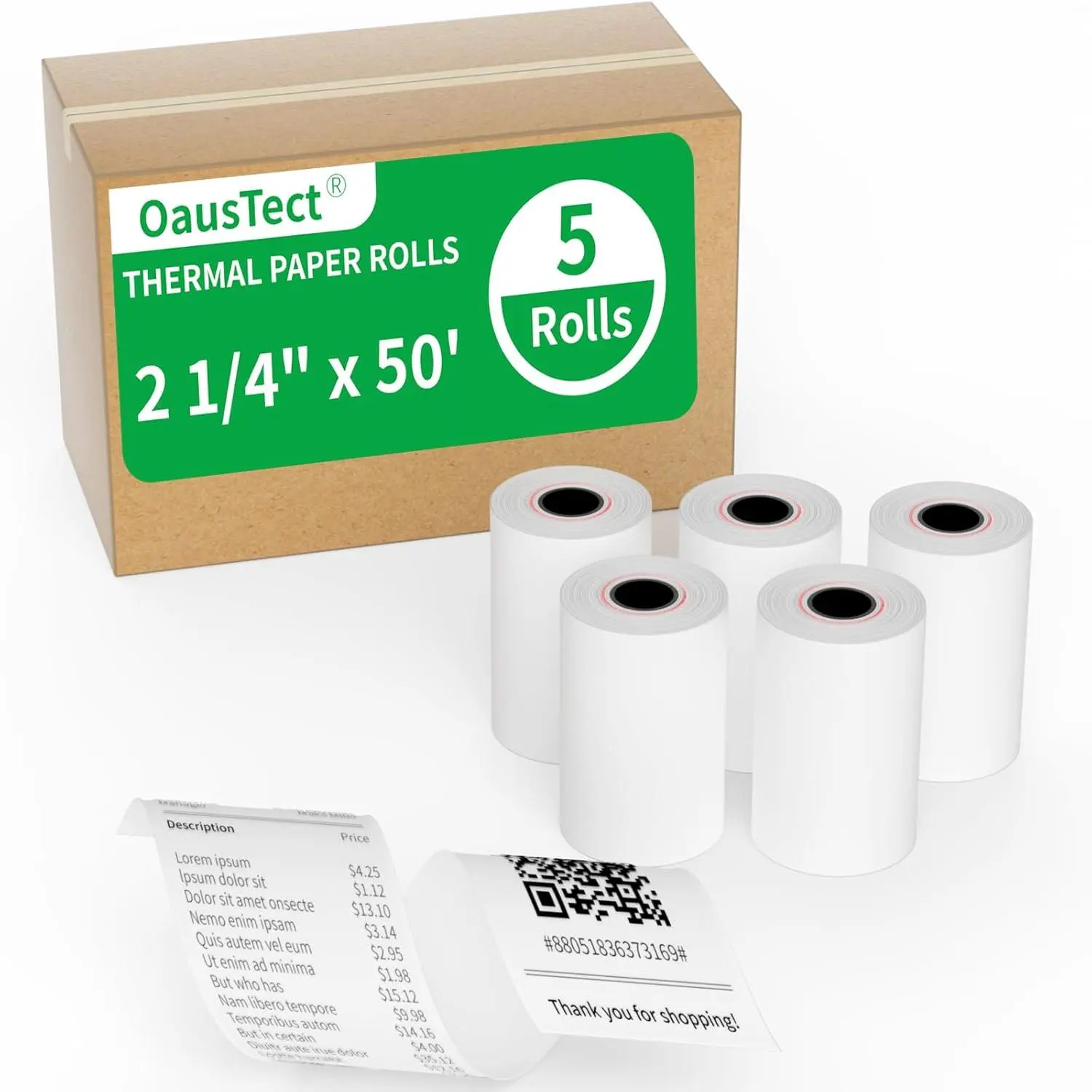 Thermal Paper Rolls 2.25 x 50 ft, 5 Rolls Premium Receipt Thermal Paper Fits All 58mm Mini POS Thermal Printers