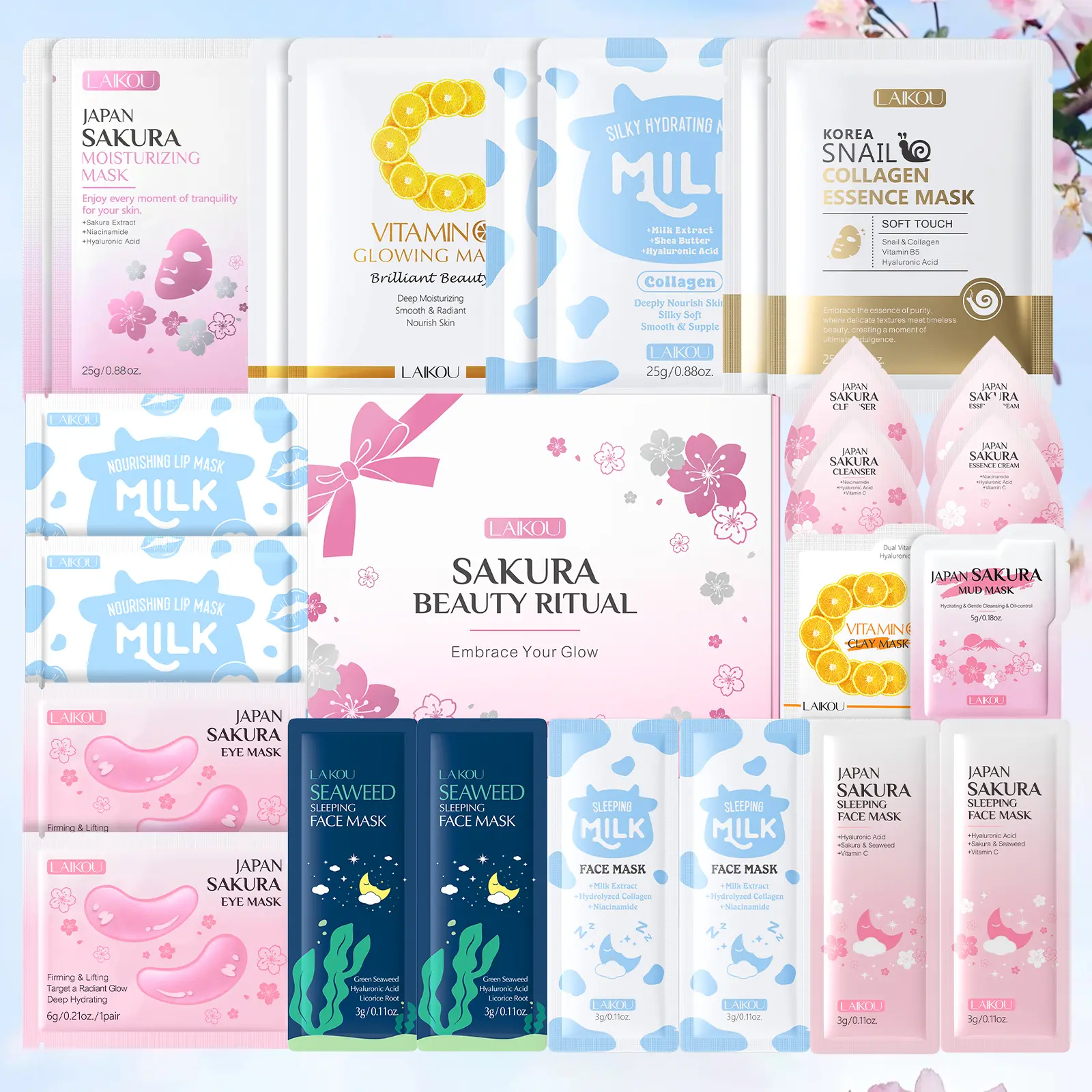 24pcs LAIKOU Sakura/Milk/Vitamin C/Seaweed Skincare Gift Set | Moisturizing Mask, Gentle Cleansing Mud Mask, Eye & Lip Mask, Scrub, Sleep Facial Mask, Sheet Cleanser & Cream, Ideal for Women, Mother'S Day, Birthday Gift, Portable Travel Kit
