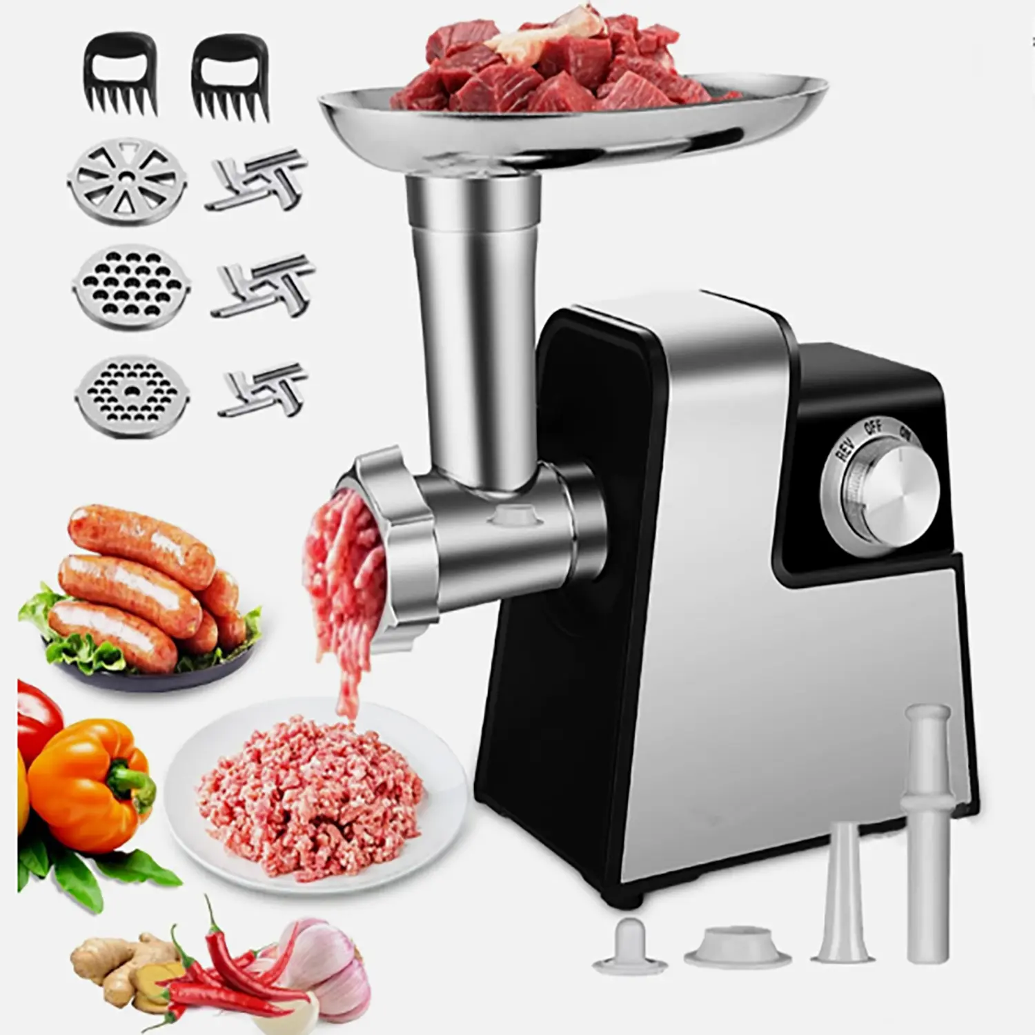 Electric Meat Grinder, 350W Heavy Duty Stainless Steel Food Grinder with Sausage Stuffer Tubes 3 Grinding Plates for Home Kitchen Use