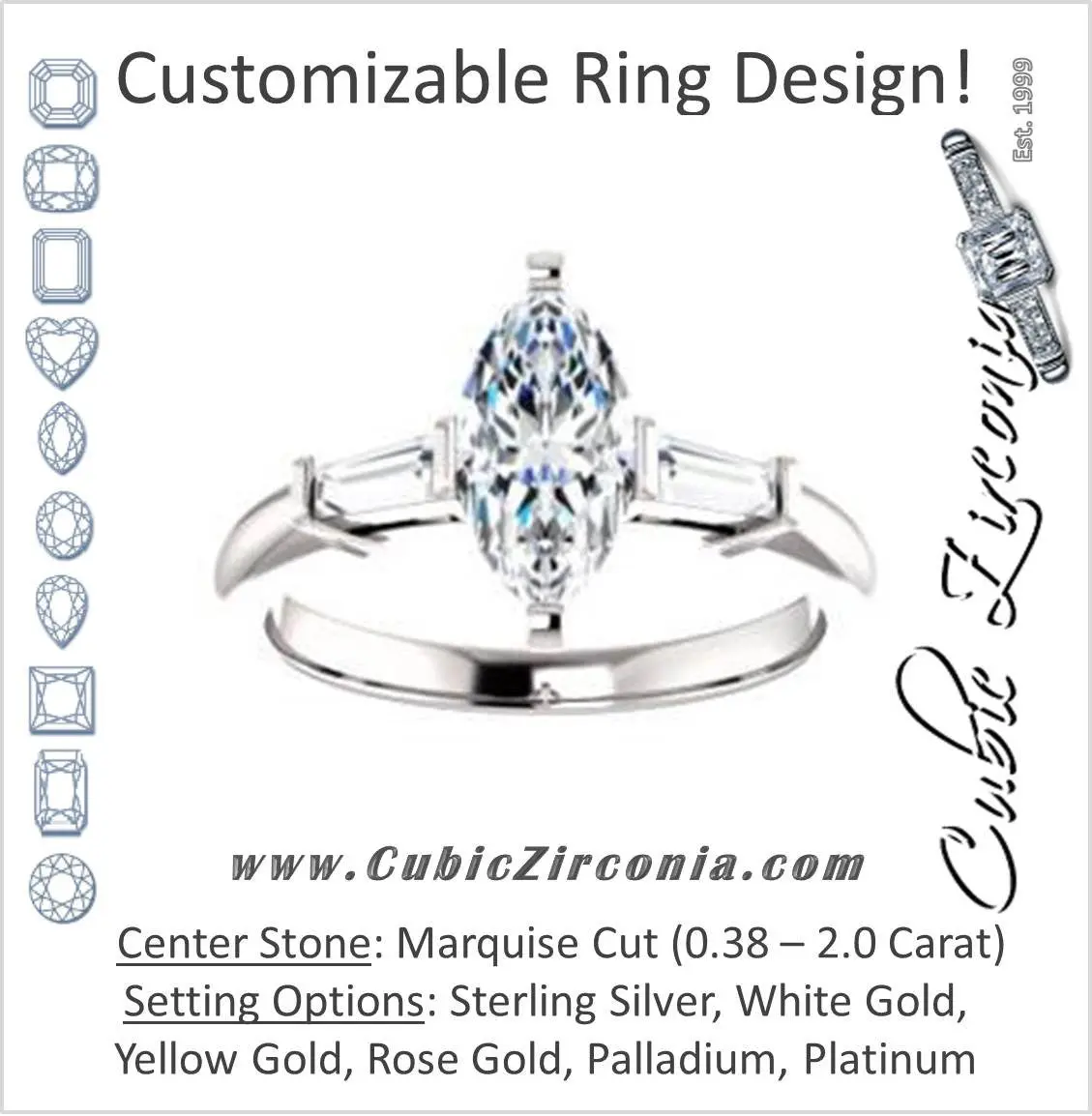 Cubic Zirconia Engagement Ring- The Monica (Customizable Marquise Cut Center with Dual Tapered Baguettes)