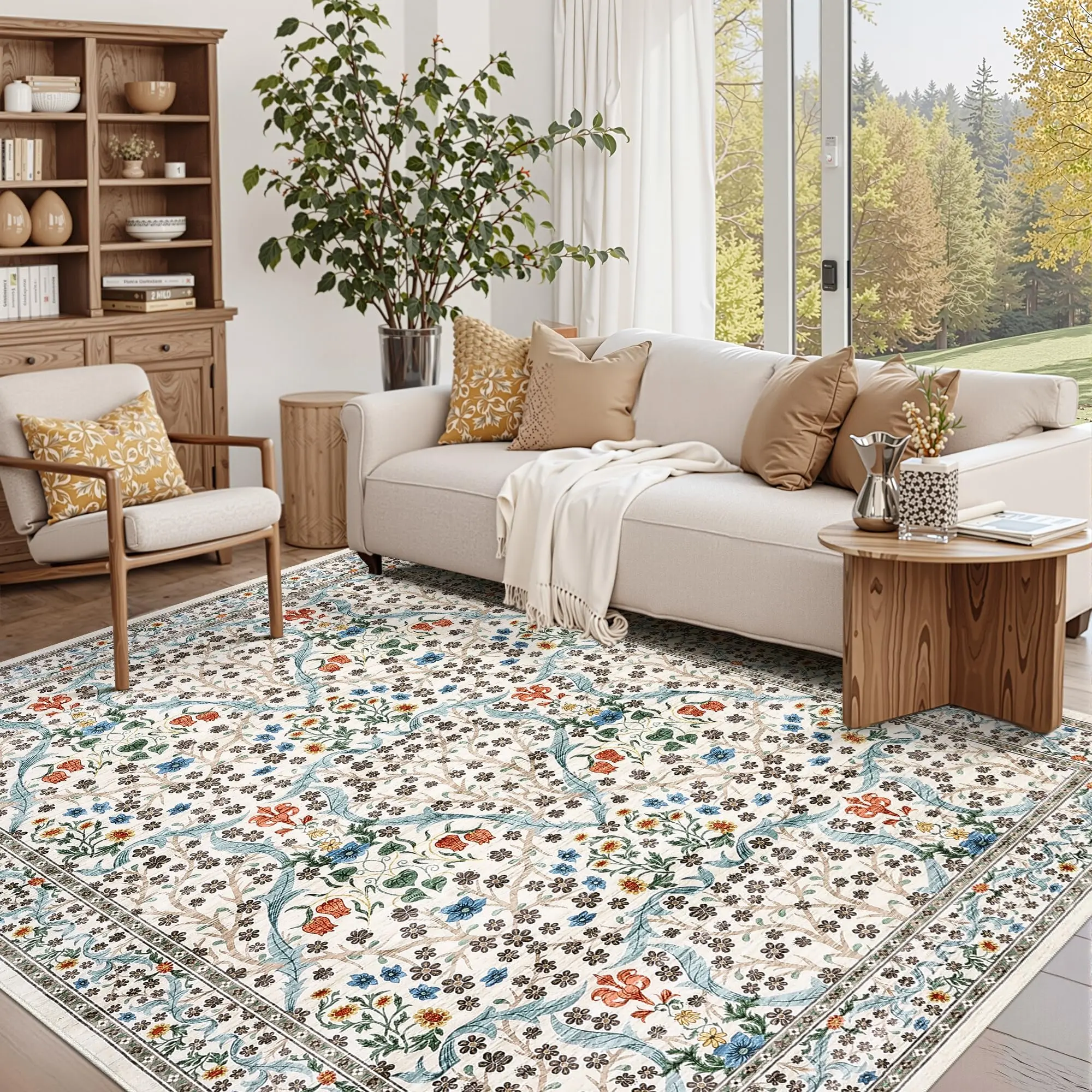 GARVEE 5x7 Washable Area Rug Vintage Floral Area Rug For Living Room Stain Resistant Easy Cleaning Throw Carpet With Non-Slip Backing Floor Cover For Bedroom Dining Room Office,Beige