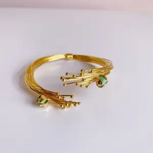 Emerald Bloom Cuff Bangle - Gold-Toned with Green Accents for Elegant Everyday Wear
