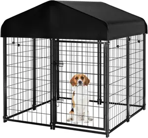 DOMIPET Dog Kennel Outdoor with Roof, 4'x4.2'x4.5' Welded Wire Dog Enclosures for Outside, Heavy Duty Dog Crate with UV-Resistant Waterproof Cover
