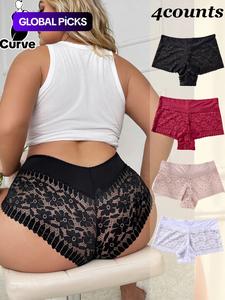 【plus size】 contrast floral lace boxer brief, soft curvy comfy breathable knicker for daily wear, women's underwear for all seasons, plus size knickers, panty shorts, womenswear, casual elegant panty