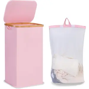 Laundry Hamper with Lid, 110L Large Laundry Basket with Handle and Lid, Collapsible Clothes Basket Organizer with Removable Inner Bag for Clothes Toys Towels,Pink
