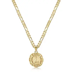 14K Gold Plated Initial Letter Coin Necklace, Figaro Chain