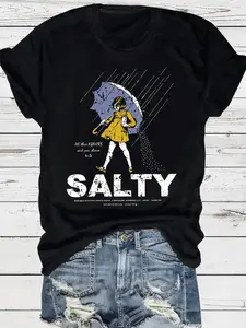 Women's Umbrella & Sality Girl Print Round Neck Tee, Vintage Trendy Casual Lightweight Knit Fitted Short Sleeve T-shirt for Daily Wear, Ladies Summer, Top