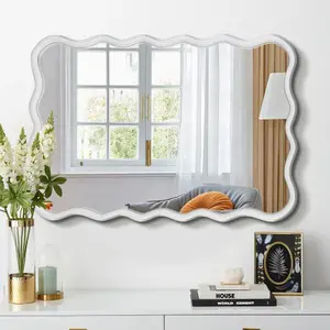 40"x28" Solid Wood Wavy Rectangle Wall Mirror, White Frame, Modern Farmhouse Decorative Mirror for Bathroom, Bedroom, Living Room, Dining Room, Entryway