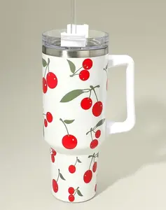 Cherry Pattern 40oz Stainless Steel Tumbler with Handle, Insulated Travel Cup for Water, Coffee & Daily Use