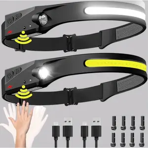 Rechargeable Headlamp 2 Pack, 230 °   Wide Beam LED Head Light with Motion Sensor, Waterproof Headlamp for Camping, Hiking, Running & Fishing