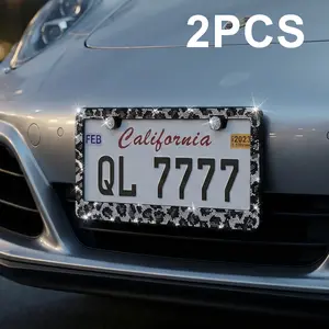 Queen’s Land 2PCS Leopard Print Bling Sparkly License Plate Frame with Crystal Rhinestones, Sparkly Decorative Design, Plate Letters Fully Visible, No Blocking, Universal Fit, Car Accessories for Women