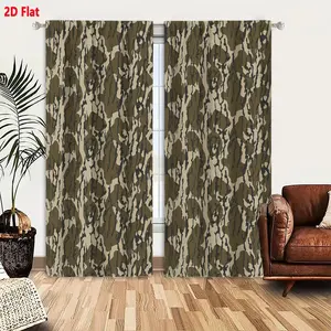 2D Flat  Hot 2-Piece Heavy Curtain Set, Camouflage Textured Foliage Pattern Light Beige Base with Brown Organic Shapes and Dark Gray Veins, Seamless Natural Camouflage Design for Outdoor Military-Style Decor