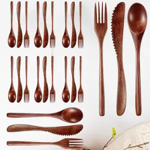 24Pcs Wood Dinner Flatware Tableware Set Includes Spoon, Fork, Knife Cutlery Kit for Eating, Wooden Utensils Suitable for Travel, Outdoor Activities and Camping, Picnic