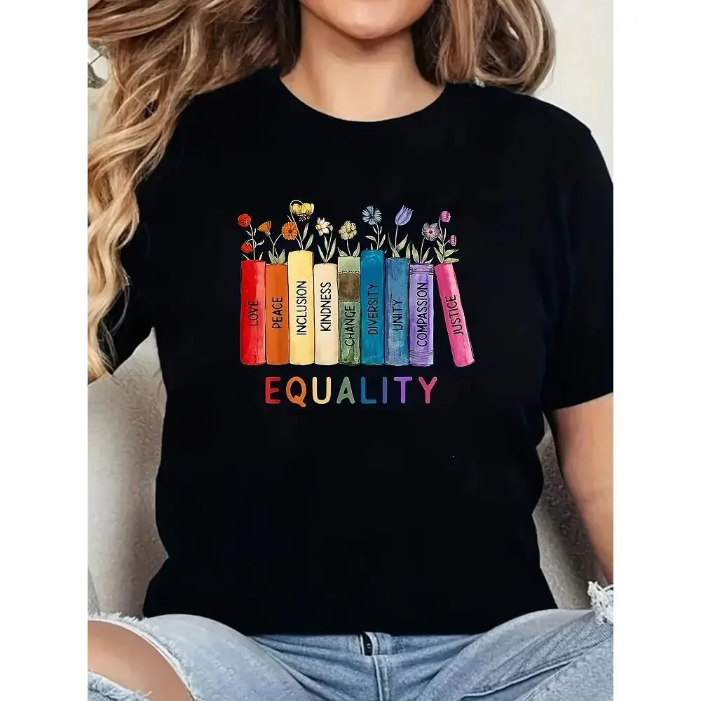 Women'S Equality Rights Social Justice Pattern T-Shirt | | Casual Crew Neck Short Sleeve Tee With Multicolor Floral Print, Medium Stretch, Machine Washable | Summer Top With Inspirational Message, Feminist T-Shirt
