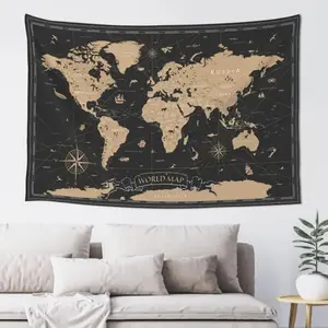 Retro World Map Black Tapestry Wall Hanging, Art Tapestry Retro Wall Art Large Wall Tapestries for Bedroom College Dorm Living