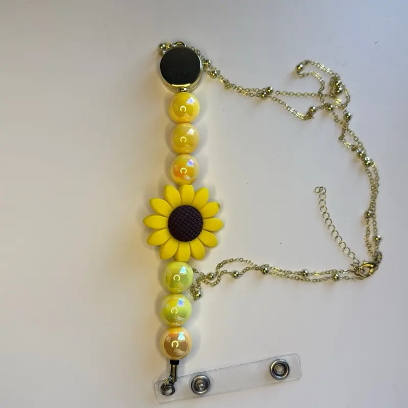 Sunflower Beaded Necklace Lanyard with Gold Chain and Clear ID Holder for Women