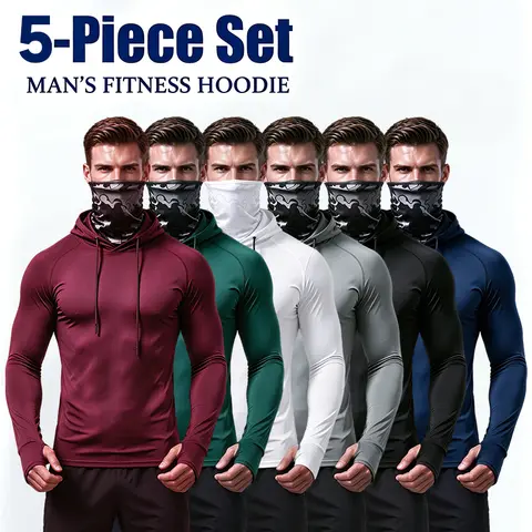 Men's Durable Sun-Proof Long-Sleeve T-Shirt - 6-Pack Value, All Seasons, Anti-Shrink, Breathable Polyester Compression Top with Sun-Blocking Hoodie, Built-In Face Mask, Neck Guard for Construction Work
