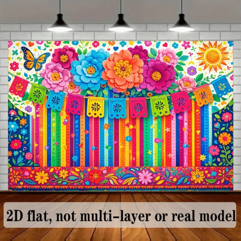 Mexican Style Colorful Floral Party Background Cloth, Decorative Banner, Party Decor, Party Decorations Banners, Polyester Material, Ideal for Birthdays, Weddings, Photography Studios