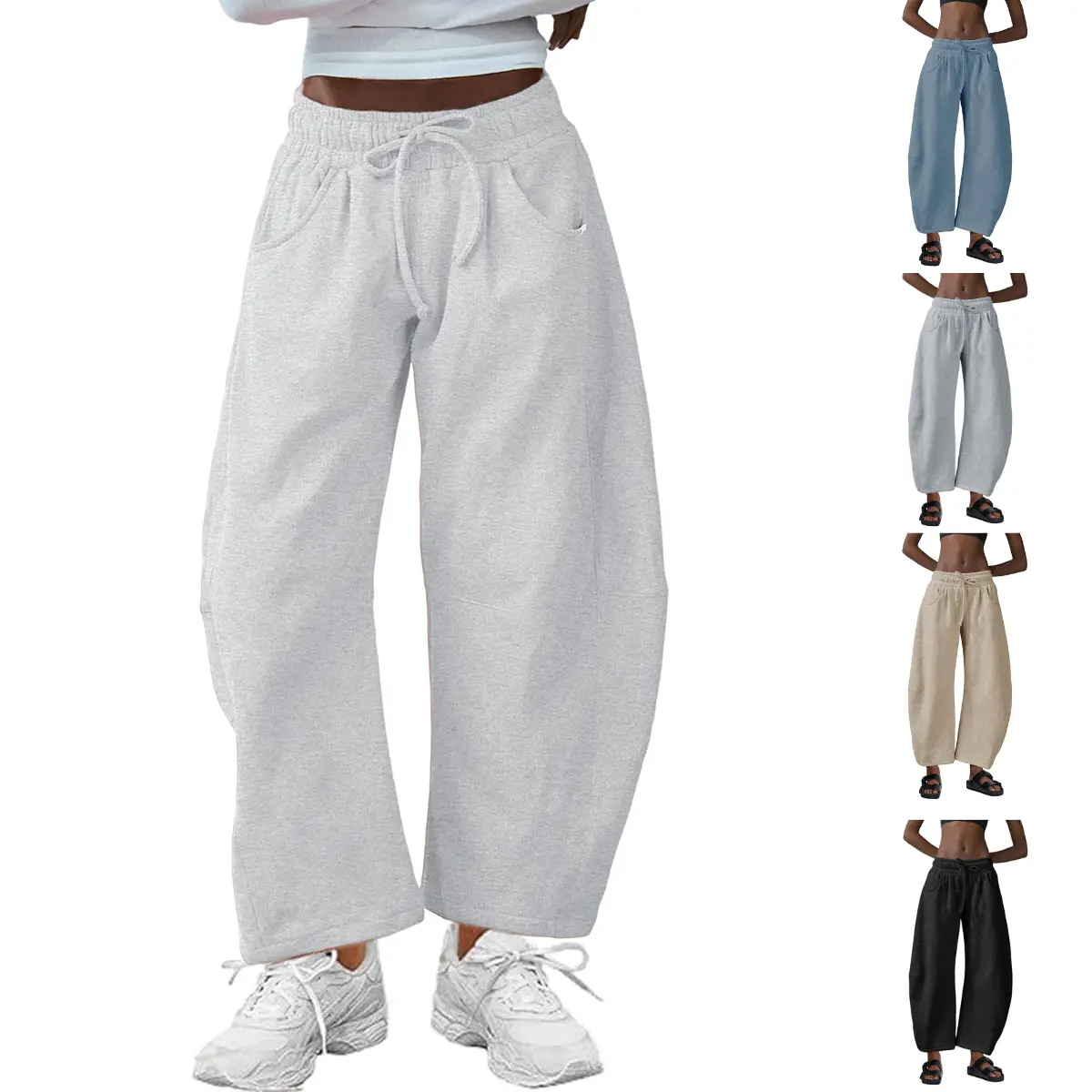 Yeokou Women's Barrel Leg Sweatpant Drawstring Elastic Waisted Wide Leg Pants Casual Cotton Palazzo Trousers with Pockets