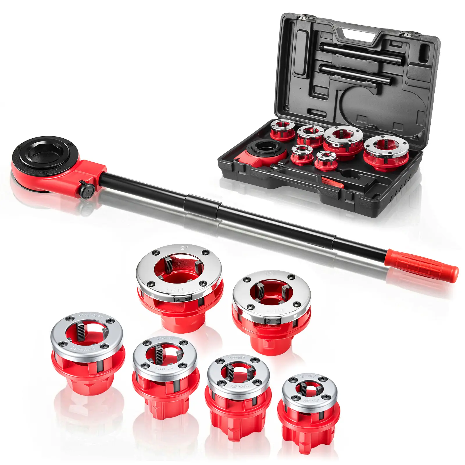 【summerfinds】VEVOR Ratchet Pipe Threader Kit with 6 Dies, 1/2" NPT to 2" NPT Manual Ratcheting Pipe Threading Tool, Portable Pipes Threader Set with Toolbox for Plumbing Installation & Repair