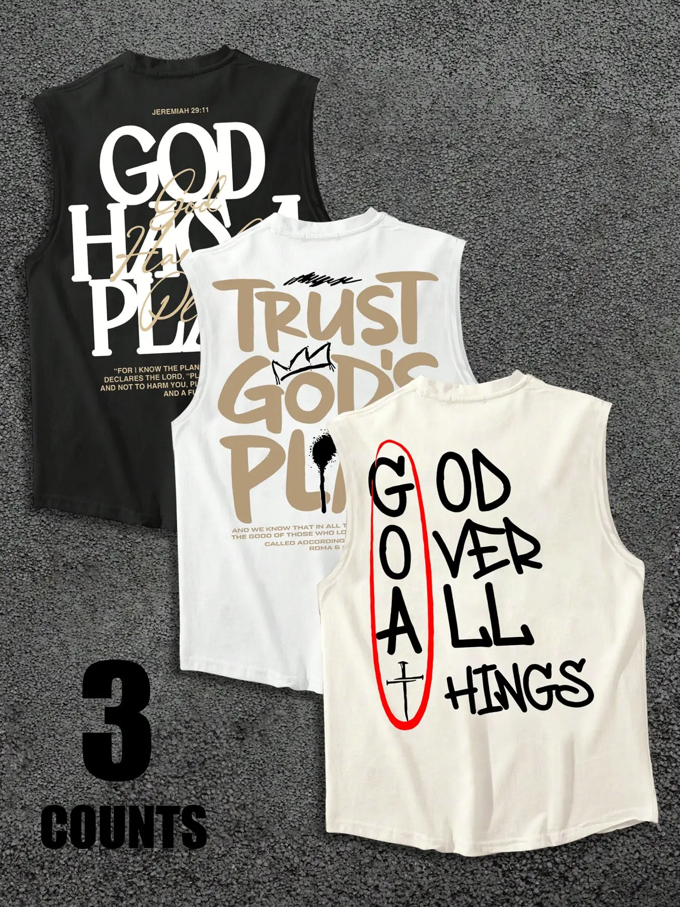 3-Pack "God Has A Plan" Christian Slogan Graphic Sleeveless Tank Tops | Faith Fashion Streetwear Muscle Shirts Set