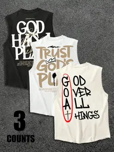 3-Pack "God Has A Plan" Christian Slogan Graphic Sleeveless Tank Tops | Faith Streetwear Muscle Shirts Set