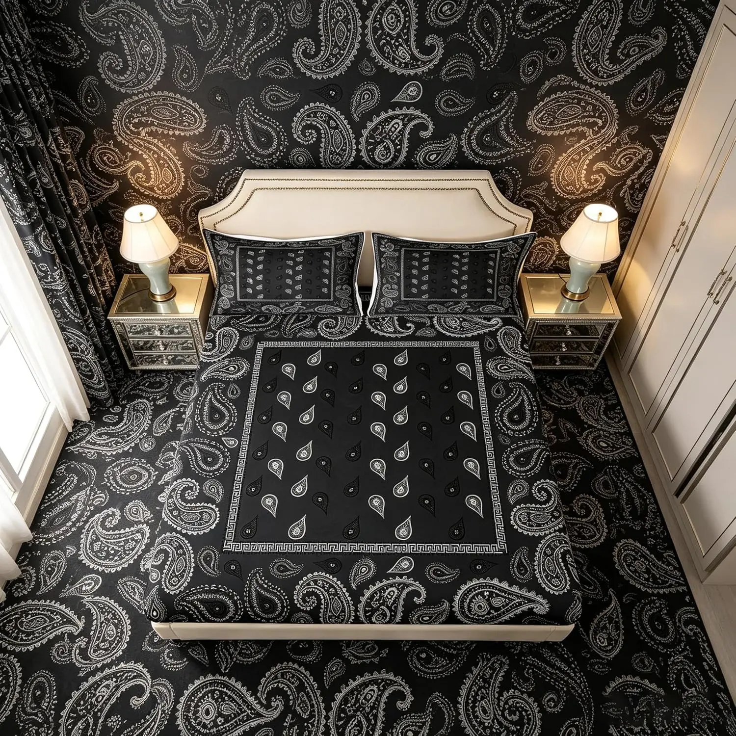 Black Bandana Fitted Sheet,Bohemian Paisley Bandanas Bedding Set,Boho Chic Floral Bed Sheets Room Decor,Soft Bedding(No Flat)