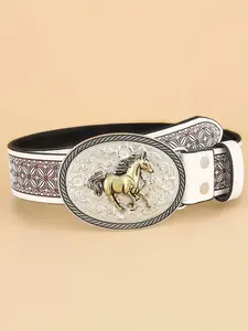 Western-Cowboy-Pu Leather-Belts for Women Gold-Oval-Buckle Embossed Horse Belt for Jeans Pants Fit for 41-49in Western Style Belt