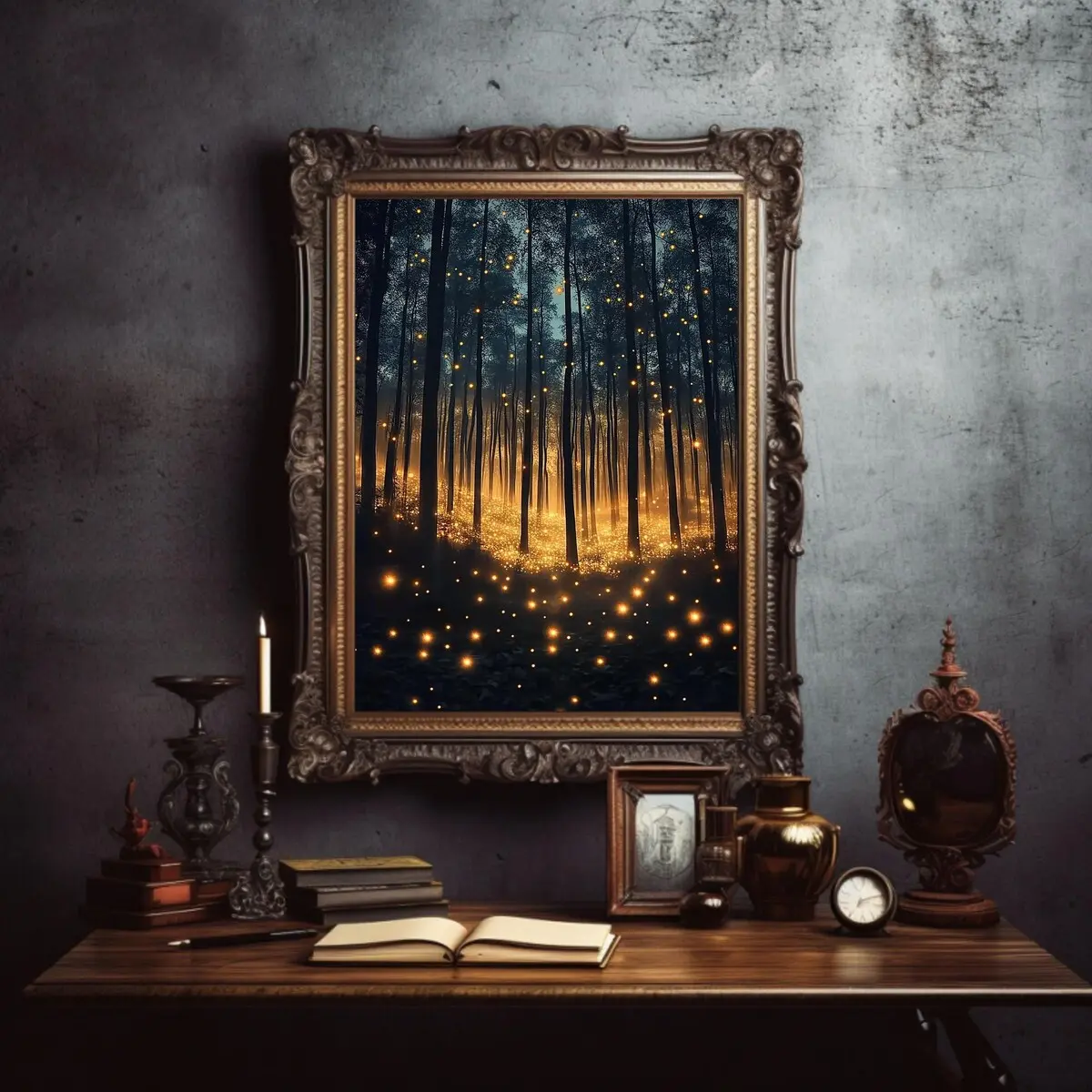 Enchanted Forest Print | Dark Fantasy Wall Art Printable With Glowing Fireflies, Mystical Woodland Decor, Fairytale Forest, Unframed