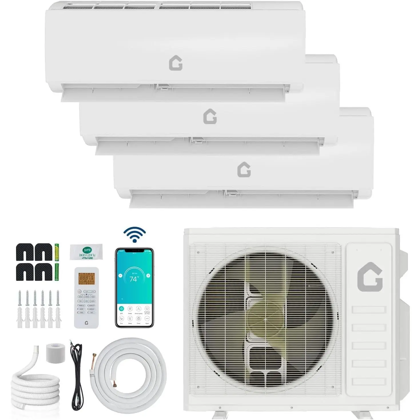 35000 BTU 3-Zone Mini Split AC & Heat Pump, 12k+12k+12k, 19 SEER2, WiFi Alexa, Pre-Charged, 230V