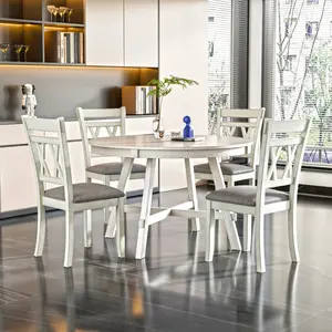 VECELO 5/7 Piece Solid Wood Dining Set, Round Table Top and 4/6 Upholstered Chairs for Kitchen and Dining Room Space-Saving Tables Set