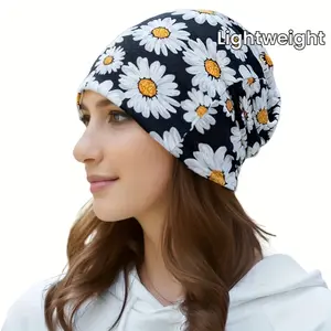 Flower Print Slouchy Beanie Lightweight Elastic Chemo Hats Stylish Thin Pullover Cap For Women