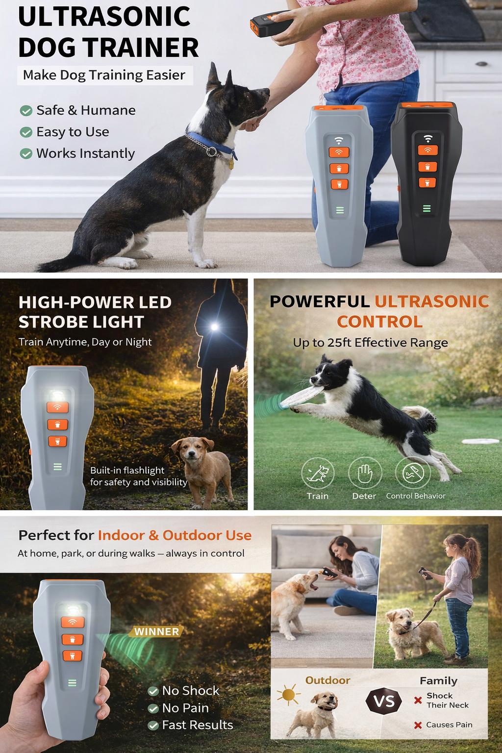 Ultrasonic Dog Bark Control Device with LED Light – Humane Anti Bark Trainer for Dogs, 25ft Range, Portable & Rechargeable