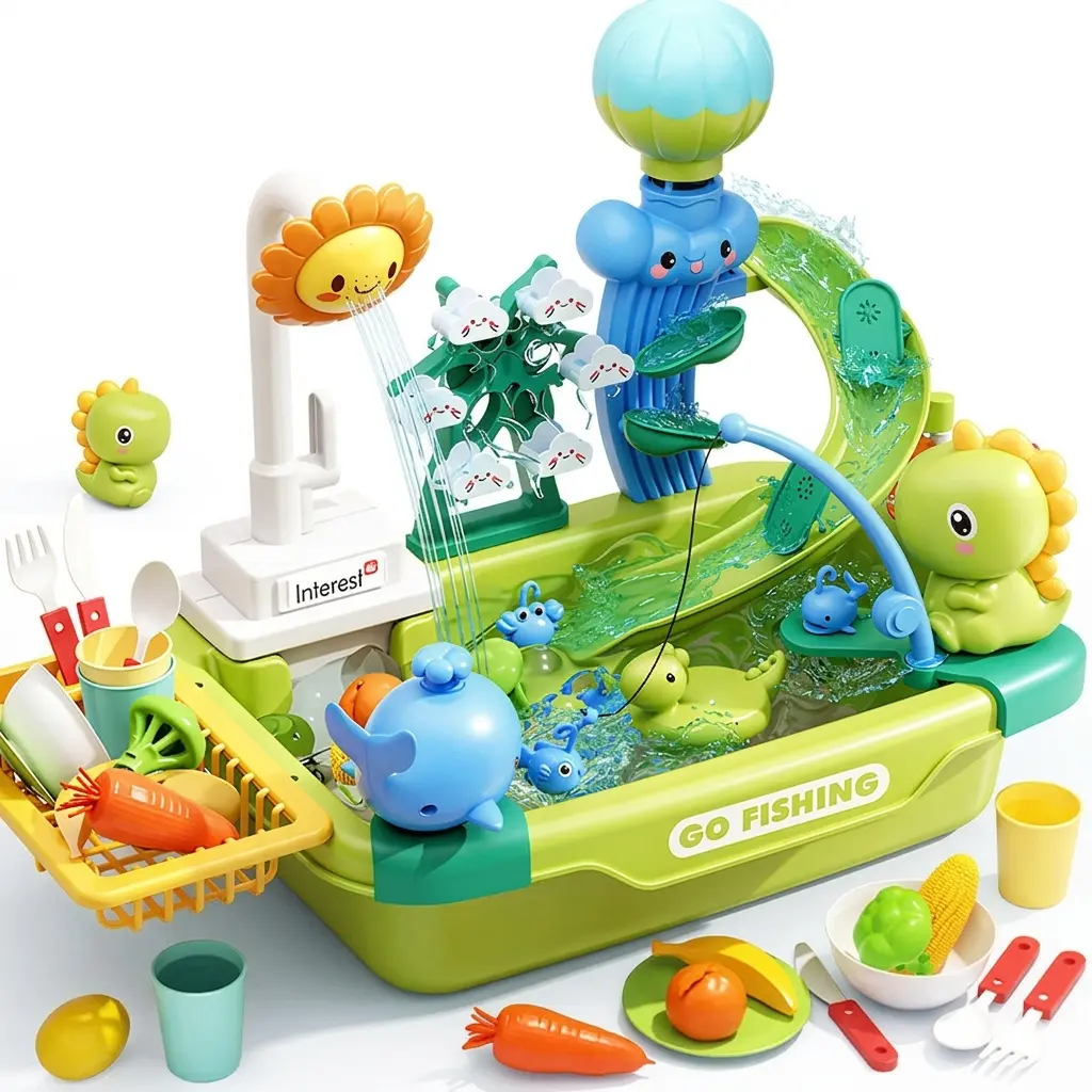 Play Sink with Running Water, Kitchen Play Sink Toy with Electric Faucet, Play Kitchen Accessories, Floating Pool Toys & Fishing Game, Kids Pretend Play-Dishwasher Play Set for Boys Girls Toddlers