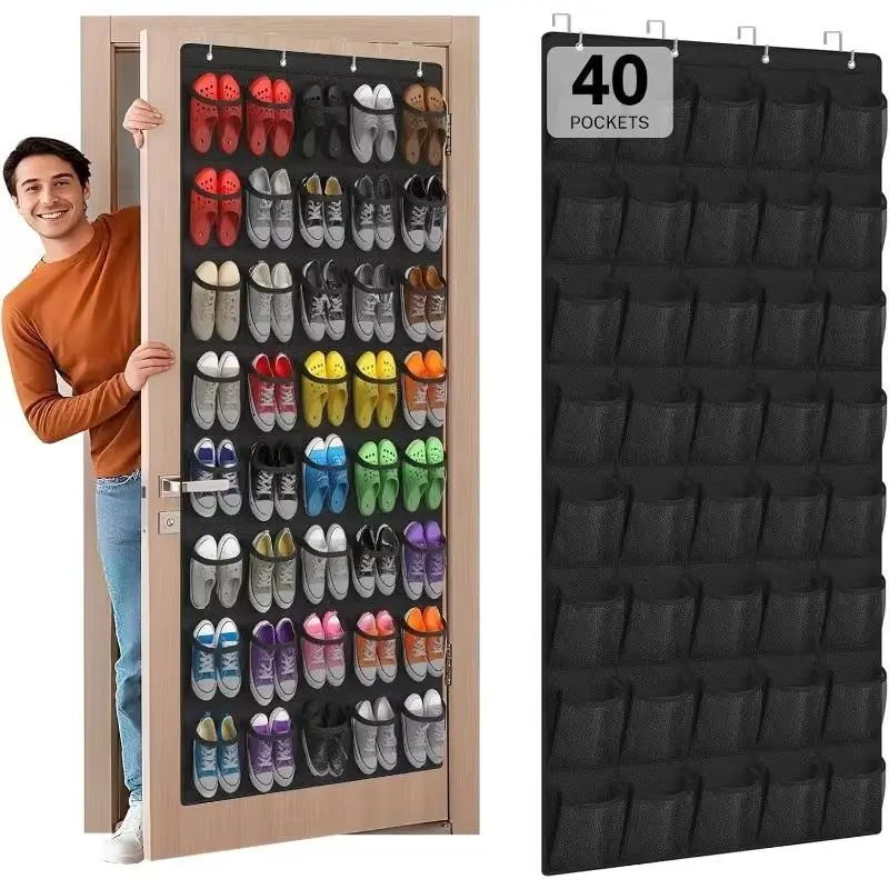 40-Pocket Over the Door Shoe Organizer - Large Mesh Pocket Hanging Shoe Organizer,Behind the Door Shoes Storage Holder Hanger,Large Capacity Design for Dorm Room College