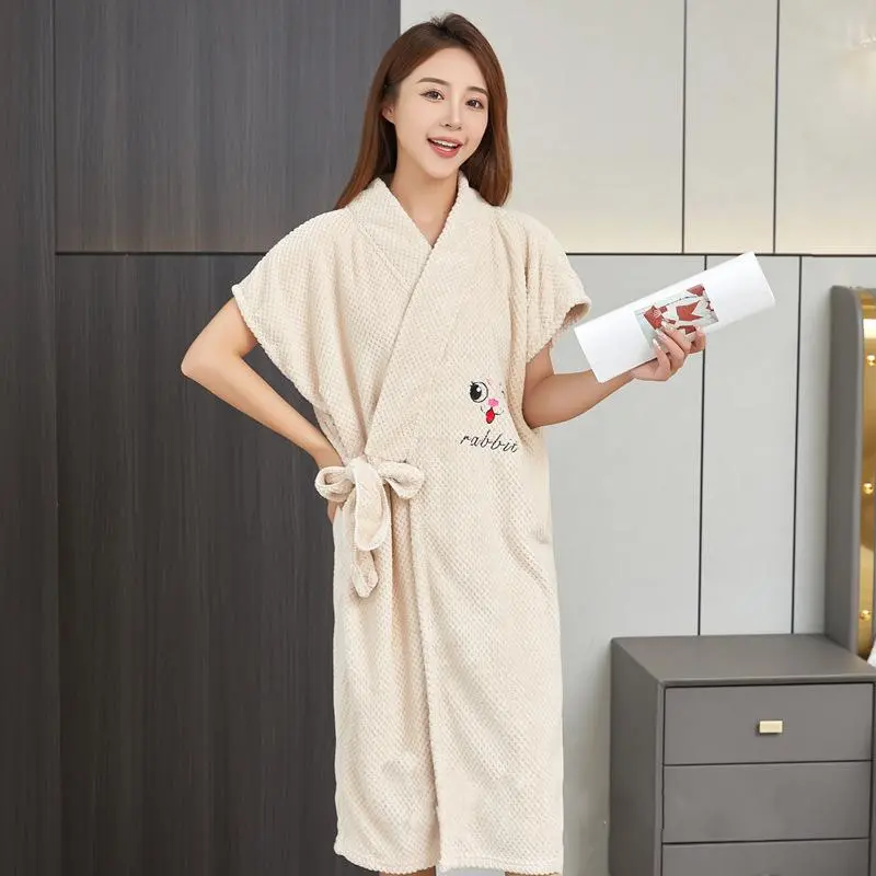 Women's Cartoon Bear Print Wrap Bathrobe, Soft Comfortable Water Absorbent Bathrobe, Household Bathrobe for Women & Girls