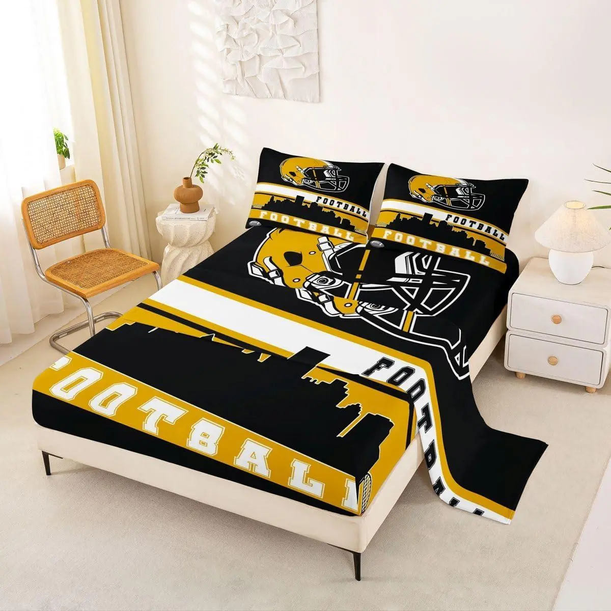 Football City Bed Sheets Set,American Football Sheet Set,Boys Girls Yellow Black Rugby Game Sheets Football Fans Room Decor Sports Ball Team Flat Fitted Sheet(Pittsburgh)