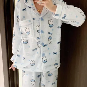 Cartoon Cute Miffy Coral Fleece Open-Front Cardigan Pajama Set for Women Thickened Fluffy Homewear Warmth & Cozy Outdoor/Indoor