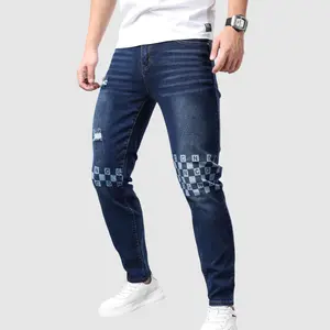 Men's High Cotton Y2K Dark Blue Wash Slim Straight Jeans, Retro Distressed Denim Pants with Checkerboard Letter Print & Knee Ripped Holes, Vintage Streetwear Hip Hop Trousers for Men