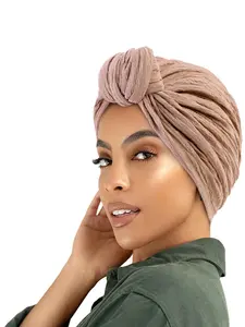 Indian Knot Hat Scarf Head Wrap Turban Hijab, Ethnic Pleated Solid Color Hoodie Cap, Stylish and Versatile Accessory for Daily Wear