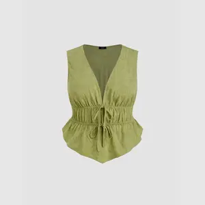 Cider V-neck Tie Front Shirred Blouse Curve & Plus