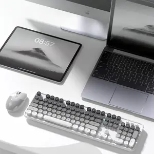 MOFii SWEET Dual-Mode Wireless Keyboard and Mouse Combo, Gradient Gray White, Minimalist Retro Round Keycaps, Rechargeable Office Keyboard, US QWERTY Layout