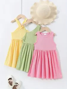 Girls' Summer Dopamine Three-Piece Set, Candy Color Strap Dress, Sleeveless Vest Skirt, Sweet Cute Style