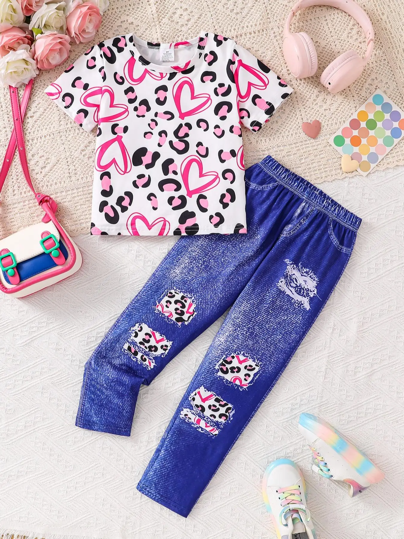 Girl's Heart Print Top & Denim-Effect Print Pants Set, Casual Round Neck Short Sleeve Top & Denim-Effect Print Trousers, Summer Clothes for Kids