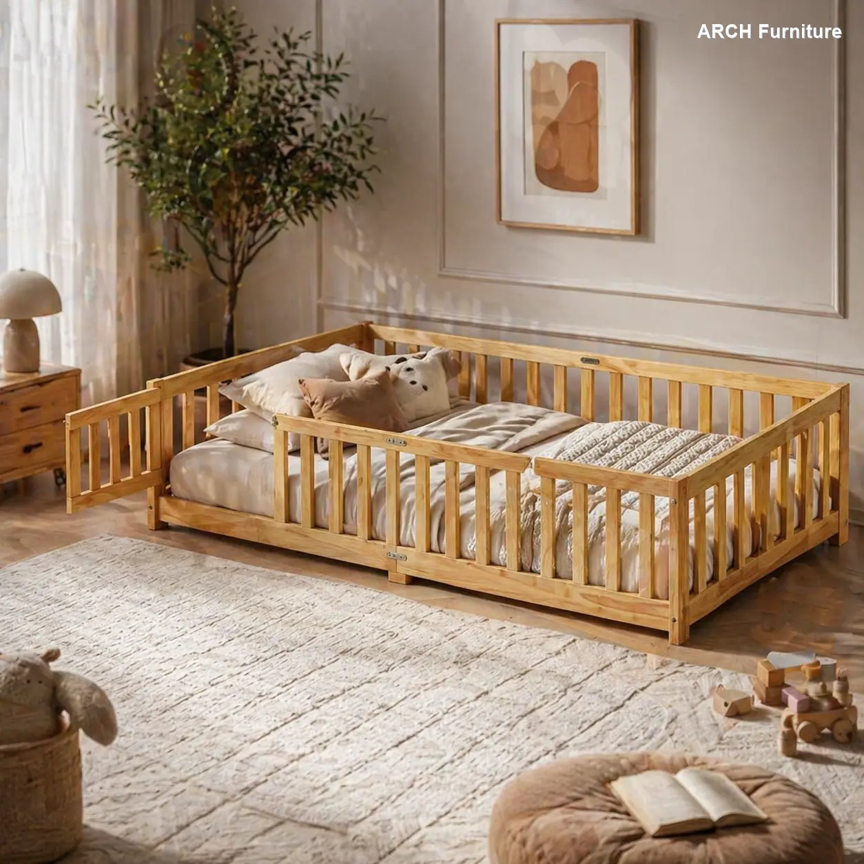 Children's Twin-Size Arch Floor Bed - Rubber & Engineered Wood Frame with Steel Safety Rails, Revolving Door, Eco-Friendly Painting, Natural Finish for Compact Rooms (77"x41.5"x17.5", Old SKU W504P370521)