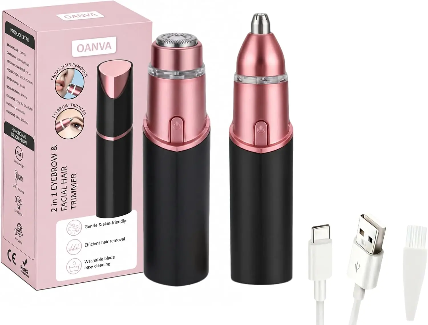 2 in 1 facial & eyebrow hair trimmer for Women, Rechargeable Face Razor, Lip & Peach Fuzz Remover, Precision Eyebrow Shaper, Portable Painless Hair Removal Tool（NEW BLACK）