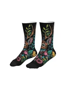 Men Women Black Background Colorful Deer With Antler Flower Leaf Mid Calf Socks Gothic Tattoo Style Streetwear Socks