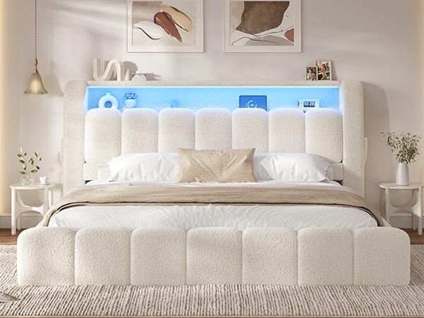 ADORNEVE King Size Bed Frame with Upholstered Boucle Headboard, Customizable LED Lighting, Charging Station, Soft Foam Padding, Rounded Corners - Ideal for Bedroom Decor, Functional Home Use,dorm essentials,home decor ADORNEVE King Size Bed Frame with Upholstered Boucle Headboard, Customizable LED Lighting, Charging Station, Soft Foam Padding, Rounded Corners - Ideal for Bedroom Decor, Functional Home Use,dorm essentials,home decor